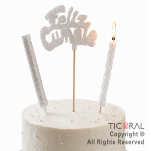 ADORNO DE TORTA SET FELIZ CUMPLE CON BENGALA Y VELA 9 CM GIBRE BLANCO x 1